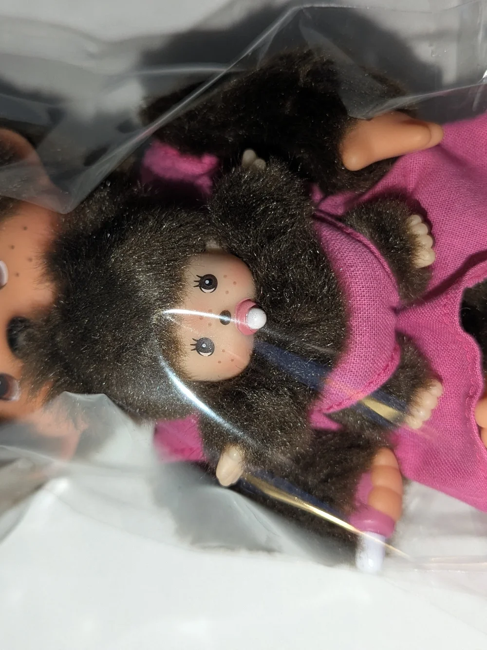 Monchhichi Doll with Baby in Pouch Pink Dress